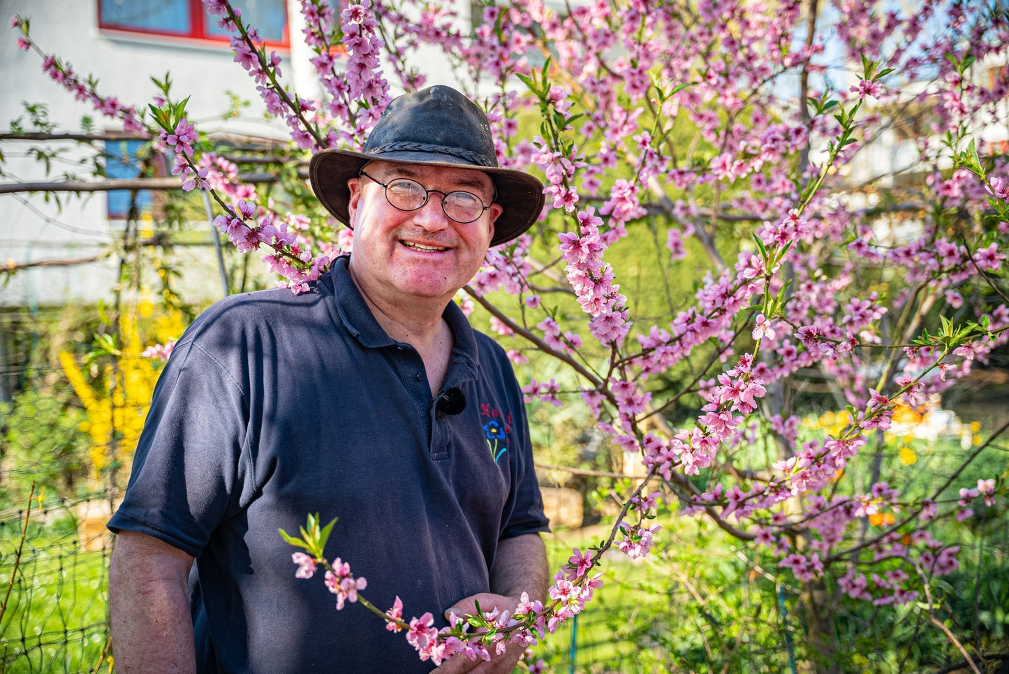 Der Gartencoach vor einer Kirschblüte in seinem Garten