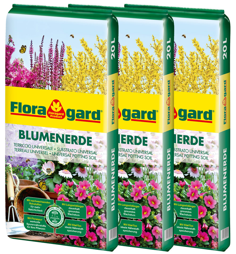 Floragard Blumenerde 3x20 L - Universalerde für Zimmer-, Balkon- und Kübelpflanzen - mit Ton und Langzeitdünger - 60 Liter