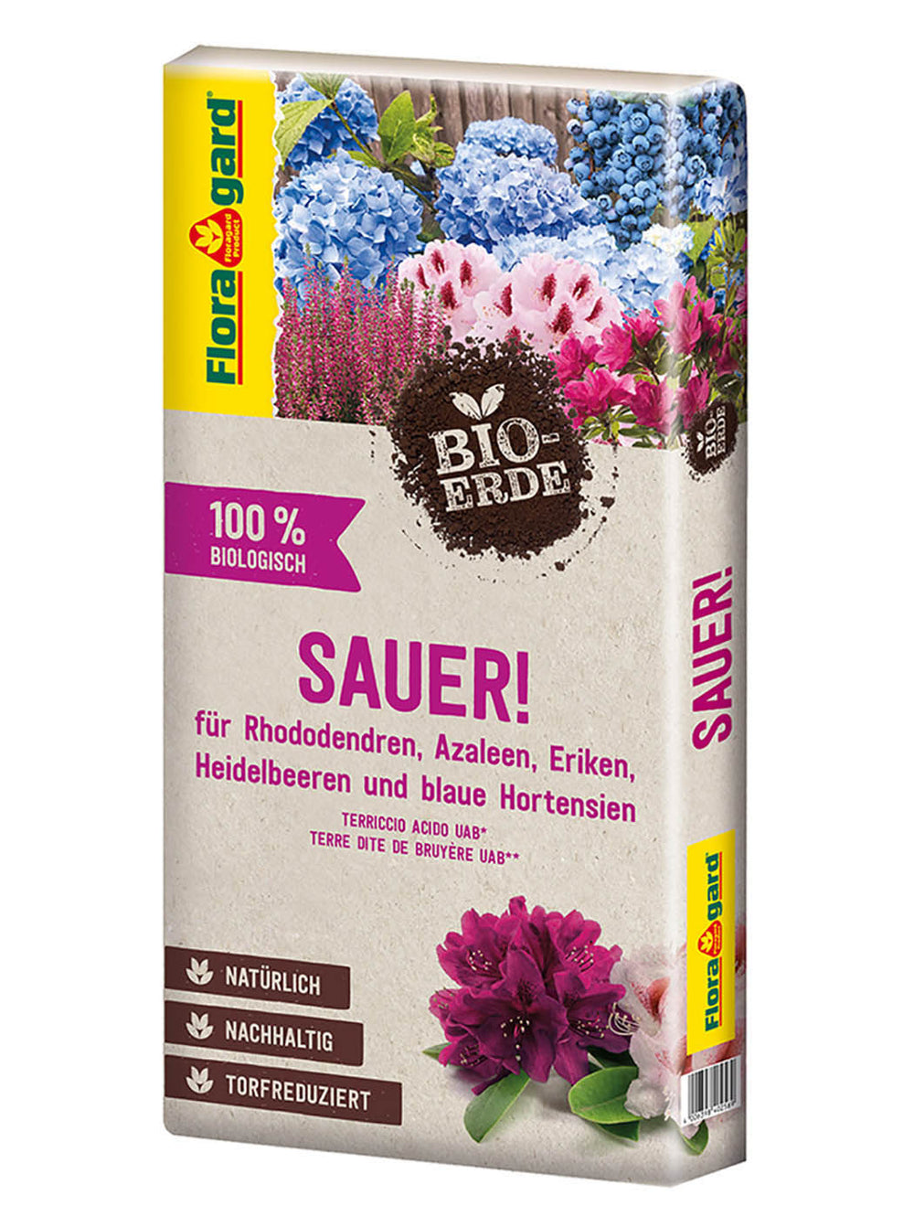 Floragard Bio-Erde Sauer - Rhododendren, Azaleen, Heidelbeeren & blaue Hortensien - 40l