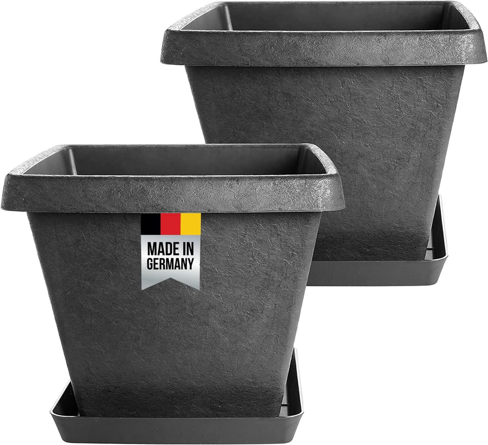 Pflanzkübel eckig im 2er Set mit Untersetzer, 34x34cm - anthrazit - 32 Liter