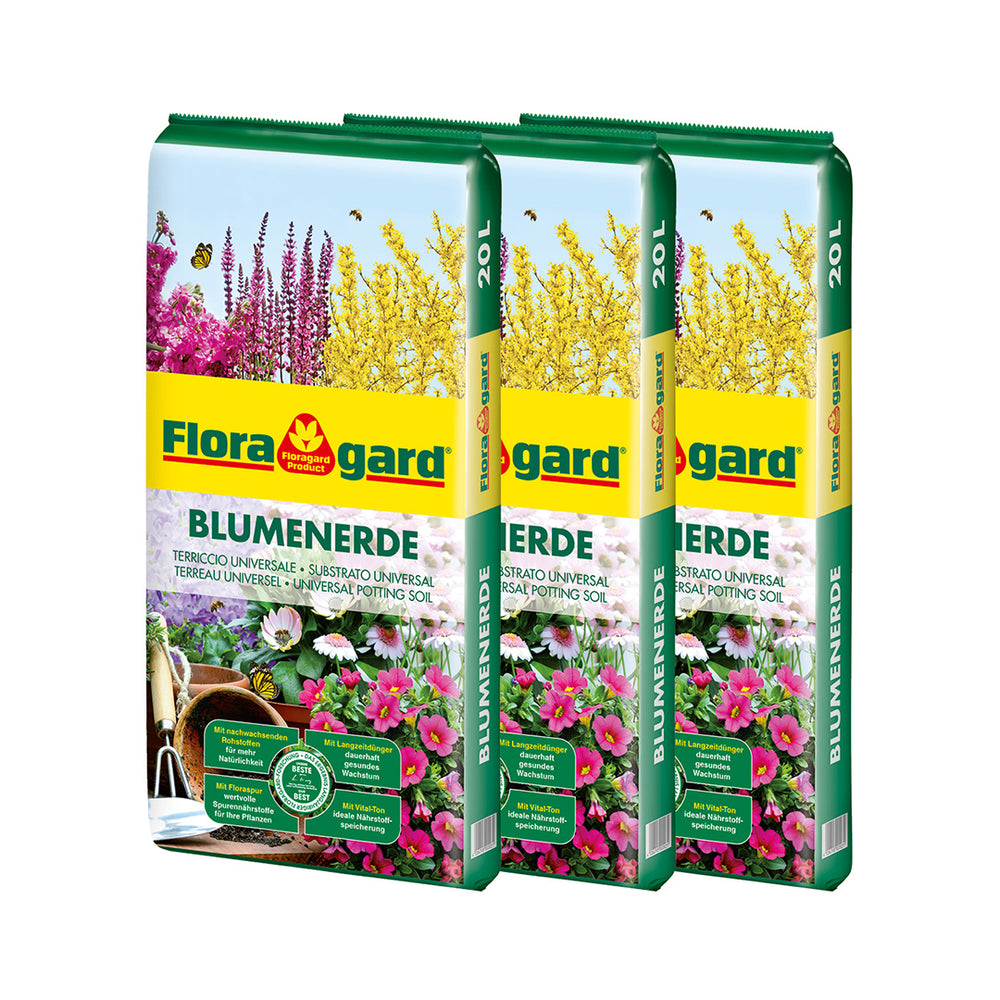 Floragard Blumenerde 3x20 L - Universalerde für Zimmer-, Balkon- und Kübelpflanzen - mit Ton und Langzeitdünger - 60 Liter