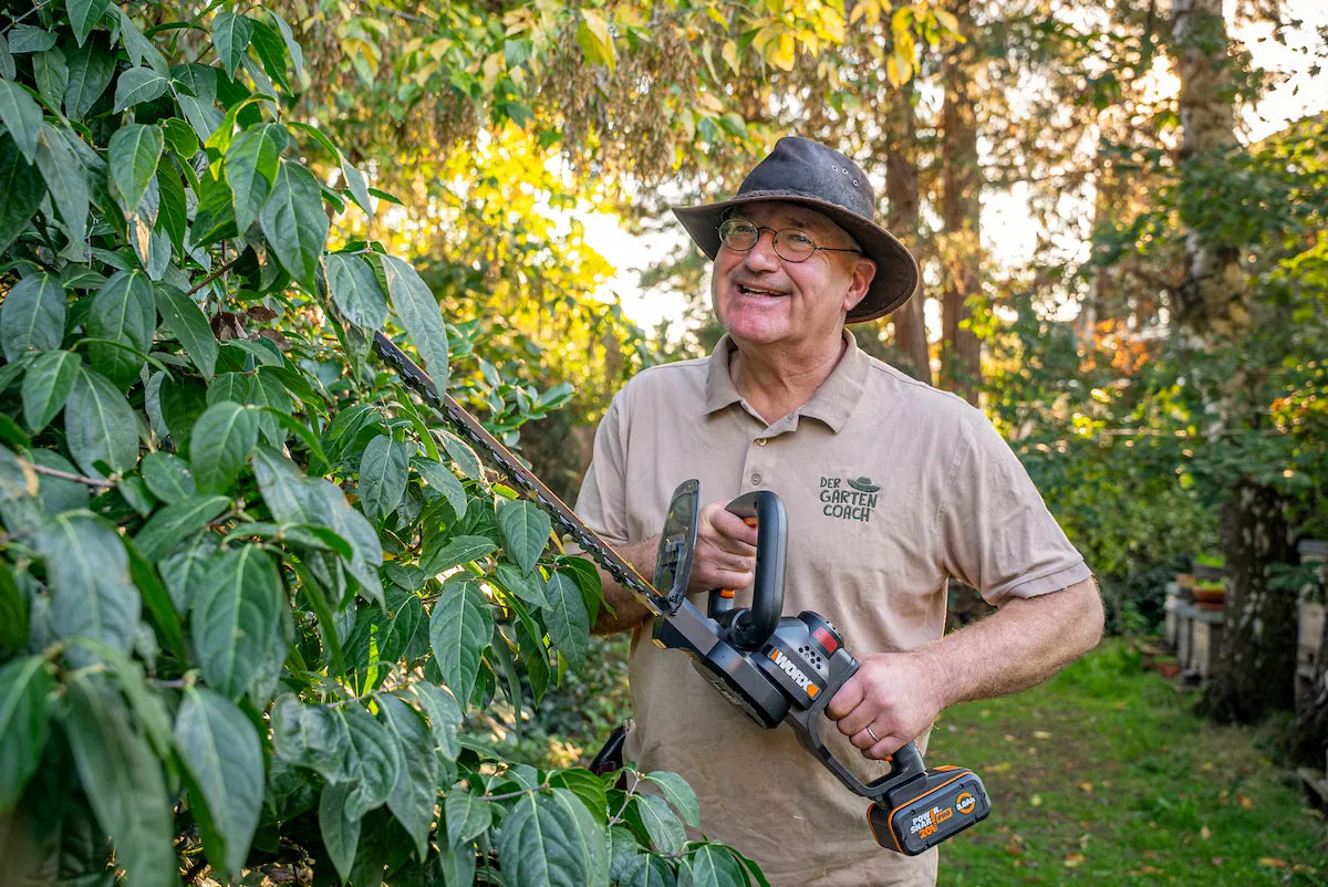 Markus, der Gartencoach, bei der Heckenpflege mit einem Akku-Gerät von WORX